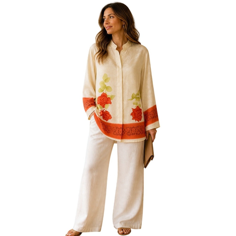 Harari 100% Silk Floral Blouse Hidden Button Cream Orange Size L